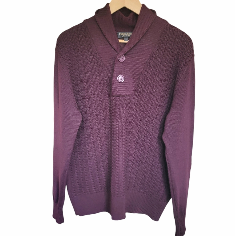 Vintage Harry Rosen Shawl Sweater Burgundy Merino Wool Blend Pullover Ac… - Picture 2 of 16